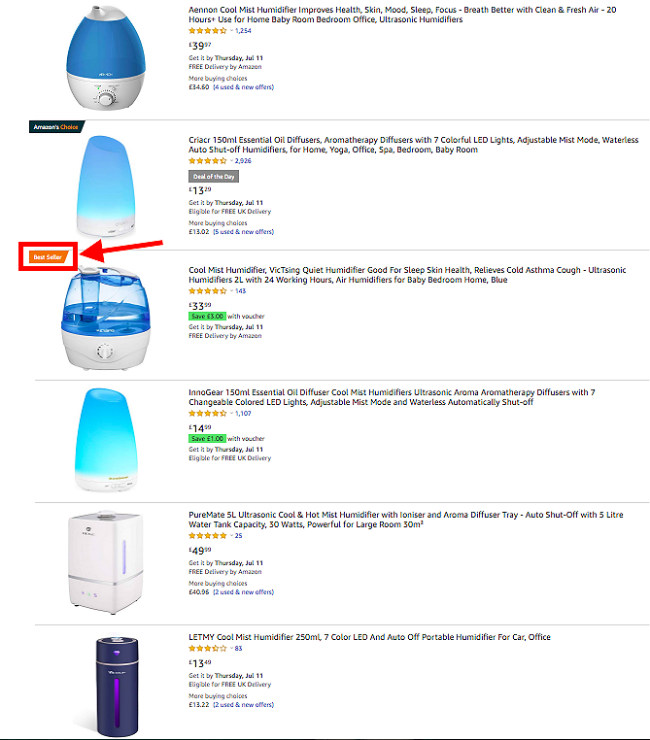 List of amazon humidifiers search results including images. Bestseller is labeled in orange.