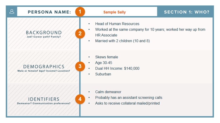 illustrative template of a buyer persona background, demographic and personality