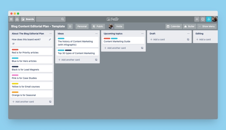 screenshot of a Trello board template used for a content editorial plan