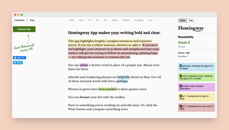screenshot of Hemingway App homepage