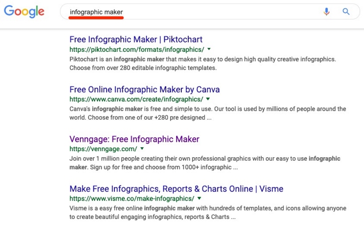 screenshot výsledku vyhledávání Google na dotaz „infographic maker“