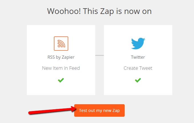 Diagrama que mostra como testar um artigo automatizado no Zapier para criar um tweet novo.