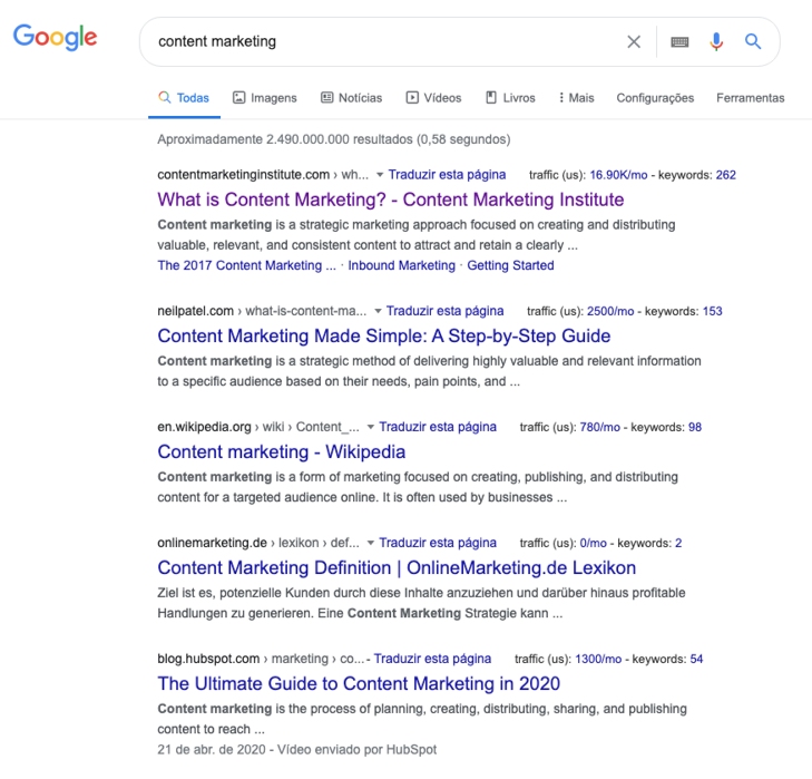 screenshot výsledků vyhledávání Google na dotaz „content marketing“