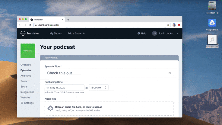 alt-tag: gif of a drag-and-drop podcast file being uploaded via the browser