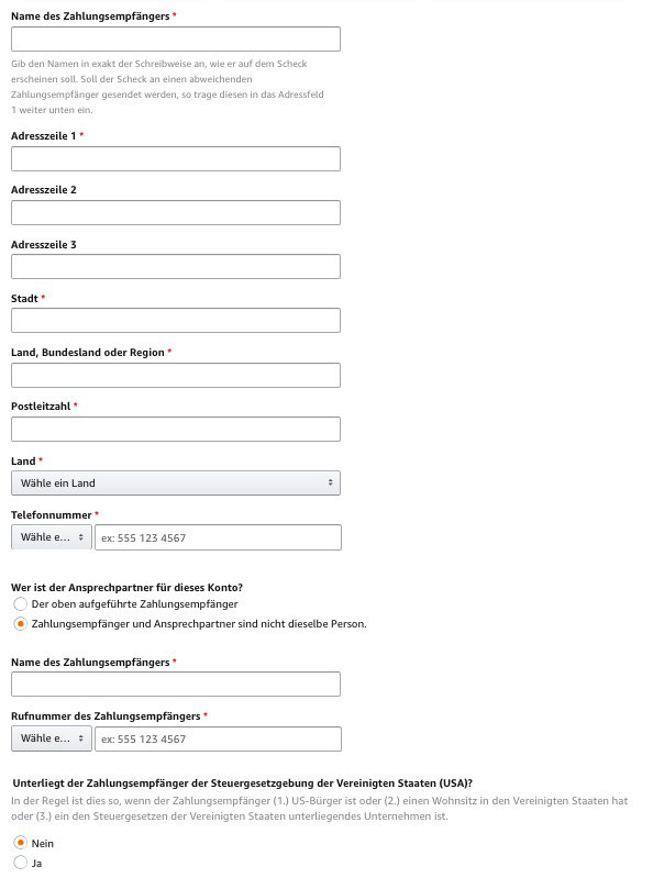 Screenshot, der zeigt, welche Kontaktinformationen beim Erstellen eines Amazon Partner-Kontos angegeben werden müssen.