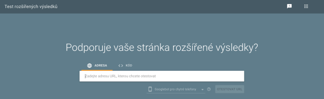 Snímek obrazovky pro testování rozšířených výsledků vyhledávání v Google Search Console. Pomáhá zjistit, zda web nebo blog podporuje rozšířené výsledky vyhledávání, jako jsou recenze nebo hodnocení.