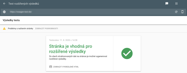 Snímek obrazovky zobrazující test rozšířených výsledků vyhledávání v Google Search Console ukazuje pozitivní výsledek testu. Testovaná stránka je vhodná pro rozšířené výsledky vyhledávání.