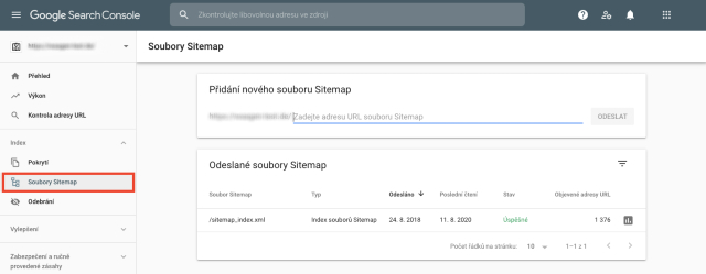 Snímek obrazovky s přehledem mapy webu (sitemap) na Google Search Console. Tato funkce pomáhá označit všechny stránky, které v souboru sitemap chybí.