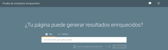 Captura de pantalla de la caja de búsqueda del test de resultados enriquecidos en Google Search Console. Te ayuda a averiguar si un sitio web o blog soporta resultados enriquecidos como reseñas o valoraciones.