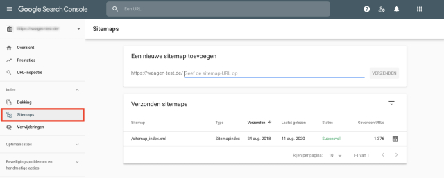 Screenshot van Google Search Console-sitemapoverzicht. Deze functie helpt bij het markeren van pagina's die ontbreken in de sitemap.