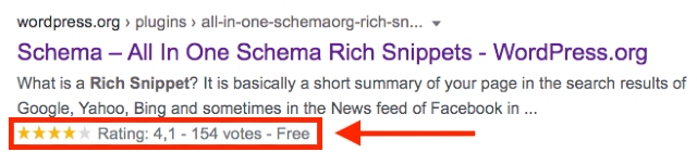 Voorbeeld van Google-zoekresultaat inclusief rich snippet met gele sterren. Deze schermafbeelding laat zien hoe het zoekresultaat zich onderscheidt van andere zoekresultaten via rich snippet.