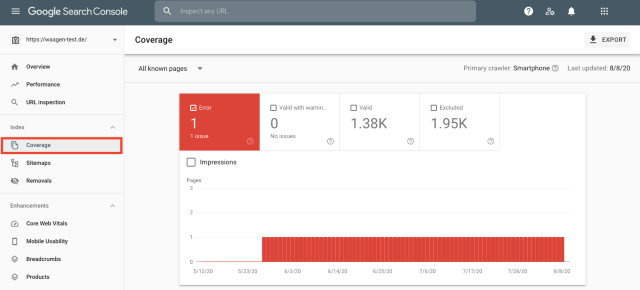 Google Search Console index coverage all known pages overview. This screenshot shows pages that couldn't be indexed for some reason.