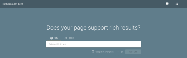 Google Search Console rich results test input box screenshot. Helps to identify if a website or blog supports rich results like reviews or ratings.