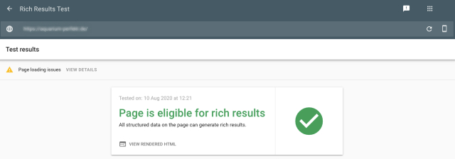 Google Search Console rich results test screenshot shows positive test result. The tested page is eligible for rich results.