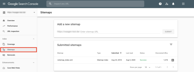 Google Search Console sitemap overview screenshot. This function helps to flagg any pages missing from the sitemap.