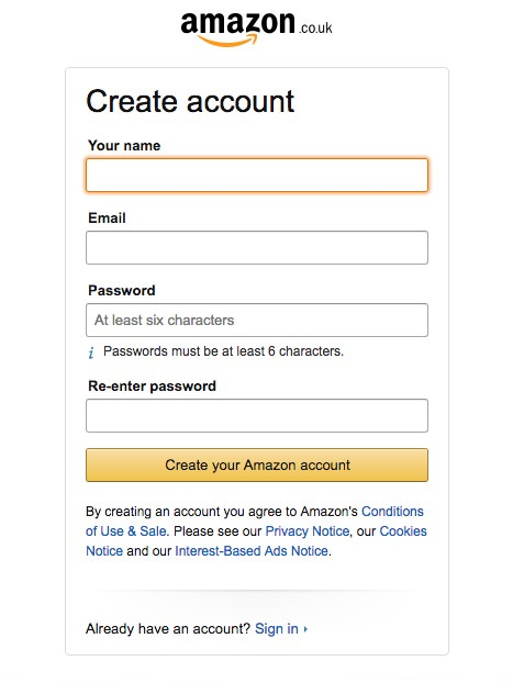 Captura de pantalla que muestra cómo crear una cuenta de Amazon.