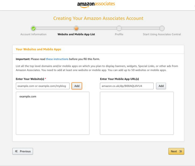Zrzut ekranu pokazujący, w jaki sposób dodawać strony partnerskie w koncie partnerskim programu Amazon.