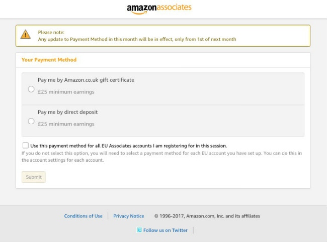 Bu ekran görüntüsü, Amazon Gelir Ortaklığı hesabınız için ödeme yöntemini nasıl ayarlayacağınızı gösterir.