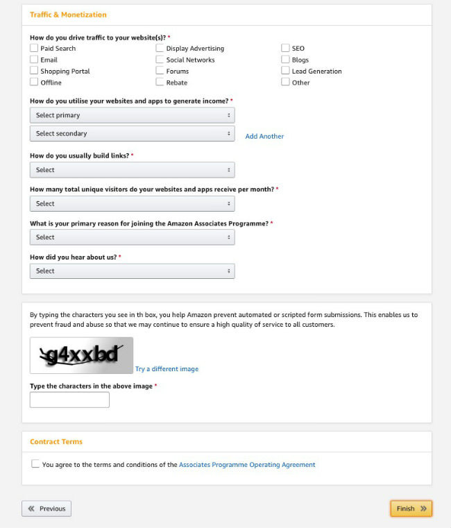 Captura de ecrã que demonstra como adicionar informações sobre tráfego e rentabilização à sua conta Afiliados Amazon.