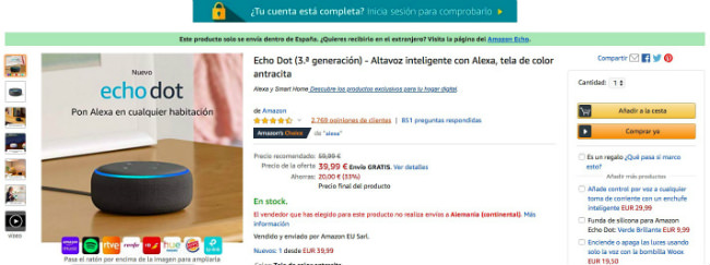 Página de detalle de producto del Echo dot en la tienda de Amazon. Es un ejemplo de cómo encontrar los productos que se demandan mucho fijándose en las reseñas.
