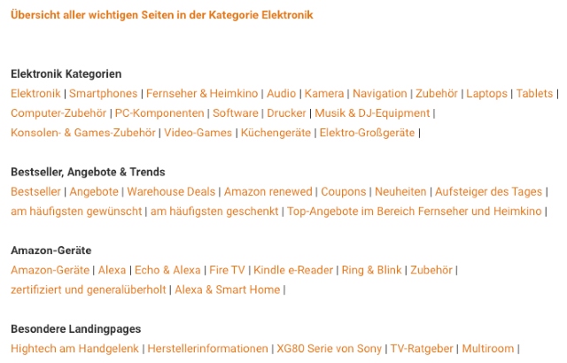 Amazon PartnerNet Tipps & Tricks Datenbank Übersicht der Unterkategorien für die Kategorie Elektronik.