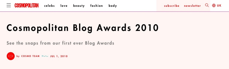 Cosmopolitan website screenshot from 2010 blog awards for fashion blogging.