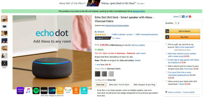 Echo dot on amazon shop detail page. Example for how to find products that are in demand by checking reviews.
