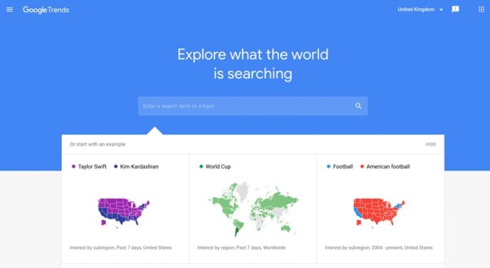 Een screenshot van de startpagina van Google Trends. Deze tool biedt een geweldig inzicht over waar mensen momenteel op zoeken.