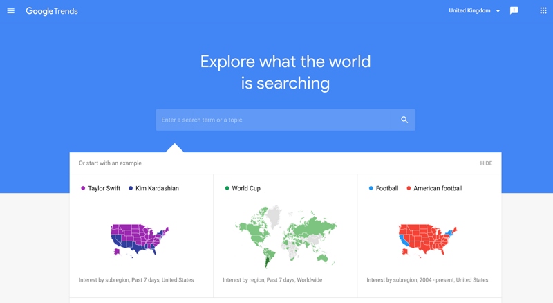 A screenshot of Google Trends homepage. This tool offers you great insight into what people are searching for right now