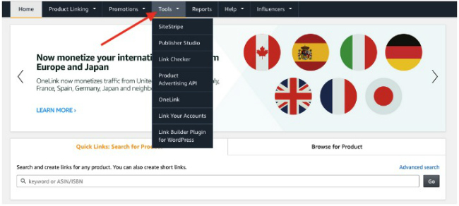Screenshot of Amazon Associates tools in Associates central menu.