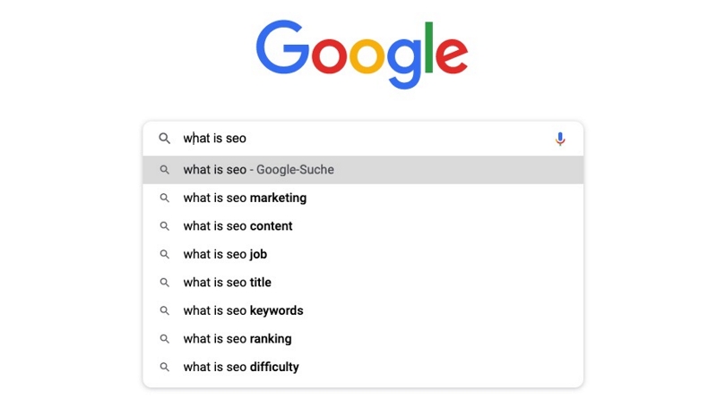 Vi ser en skärmbild på en Google sökfråga. När du skriver en specifik fråga i sökfliken kommer Google att föreslå matchande sökfrågor