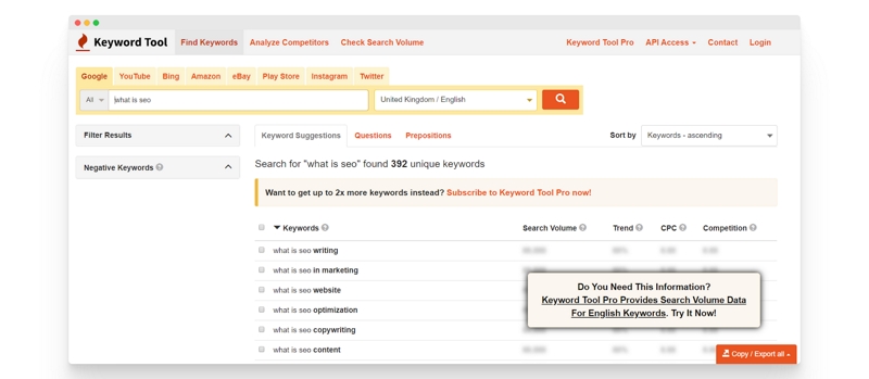 A screenshot displaying the features of the software Keyword Tool. With SEO tools like this one you can check the popularity of certain keywords.