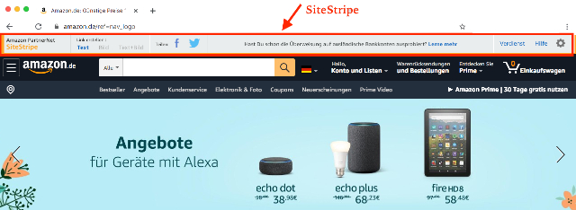 Screenshot zeigt das integrierte SiteStripe Tool auf der Amazon.de Shopseite
