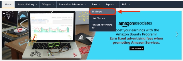 The screenshot shows how you can select SiteStripe by clicking on amazon associates menu.