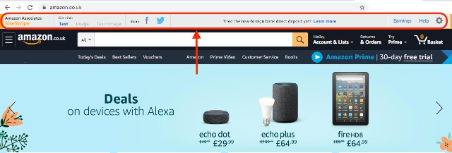 The screenshot shows how the Amazon Site Stripe Tool is integrated at the top of the Amazon Shop website.
