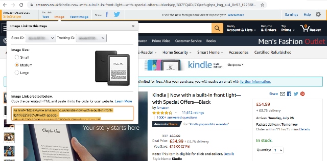 Screenshot shows the creation process of an image link using the SiteStripe tool on the Amazon.co.uk shop page.